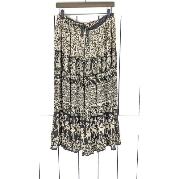 Vintage black beige floral Indian print boho crinkle gauzy stretch waist skirt - Picture 2 of 5